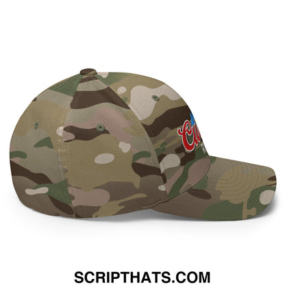 Curves right embroidered stretch fit golf hat with camouflage pattern and red blue embroidered logo on front