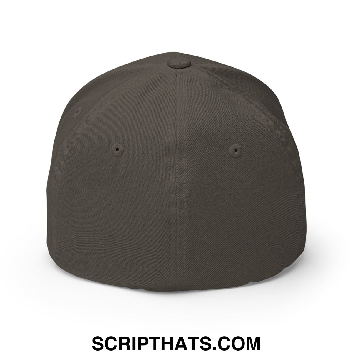 Dark olive green fitted baseball cap with structured crown and stitched panels designed for golf use