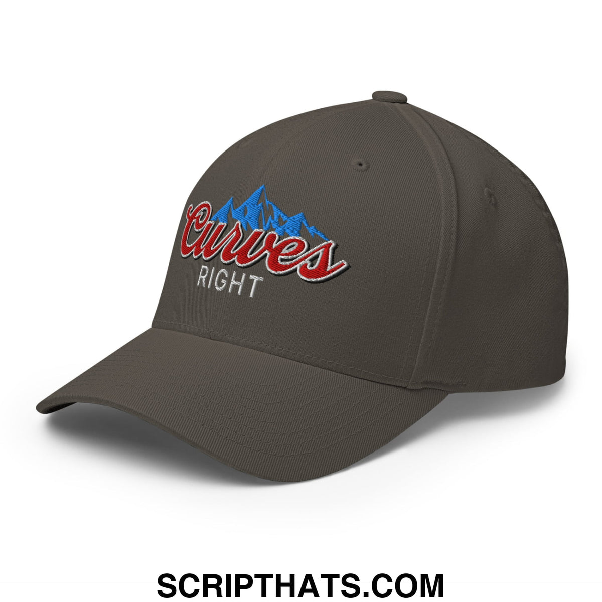 Olive green stretch fit golf hat with embroidered blue mountain and red curves right logo design