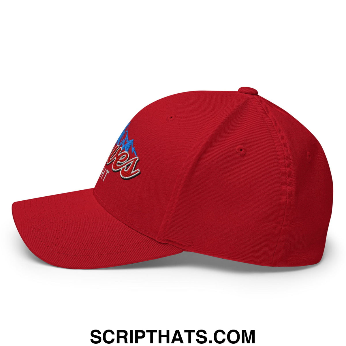 Red stretch fit golf hat with blue and white embroidered curves right logo on a baseball cap