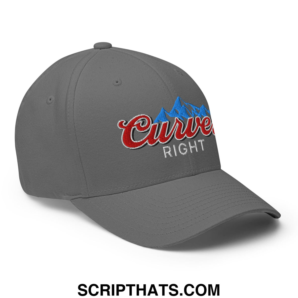Gray stretch fit golf hat with red curve right embroidery and blue mountain silhouette on front panel