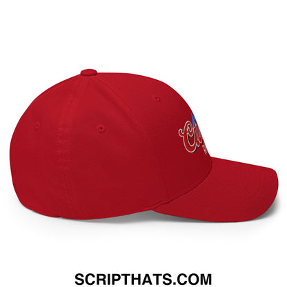 Red stretch fit golf hat with embroidered curves right white and blue script logo on front