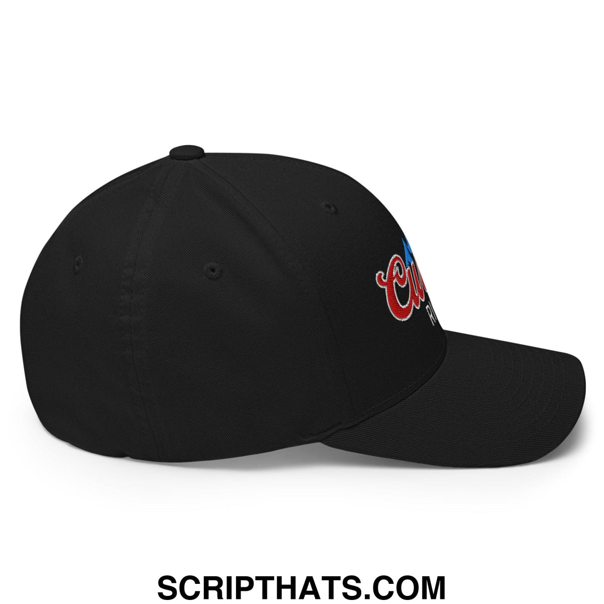 Black stretch fit golf hat with embroidered red and blue script logo on the side for curved fit style