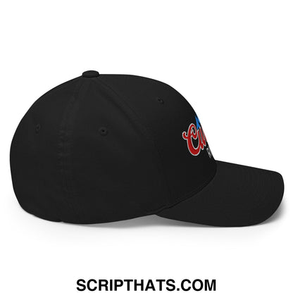 Black stretch fit golf hat with embroidered red and blue script logo on the side for curved fit style