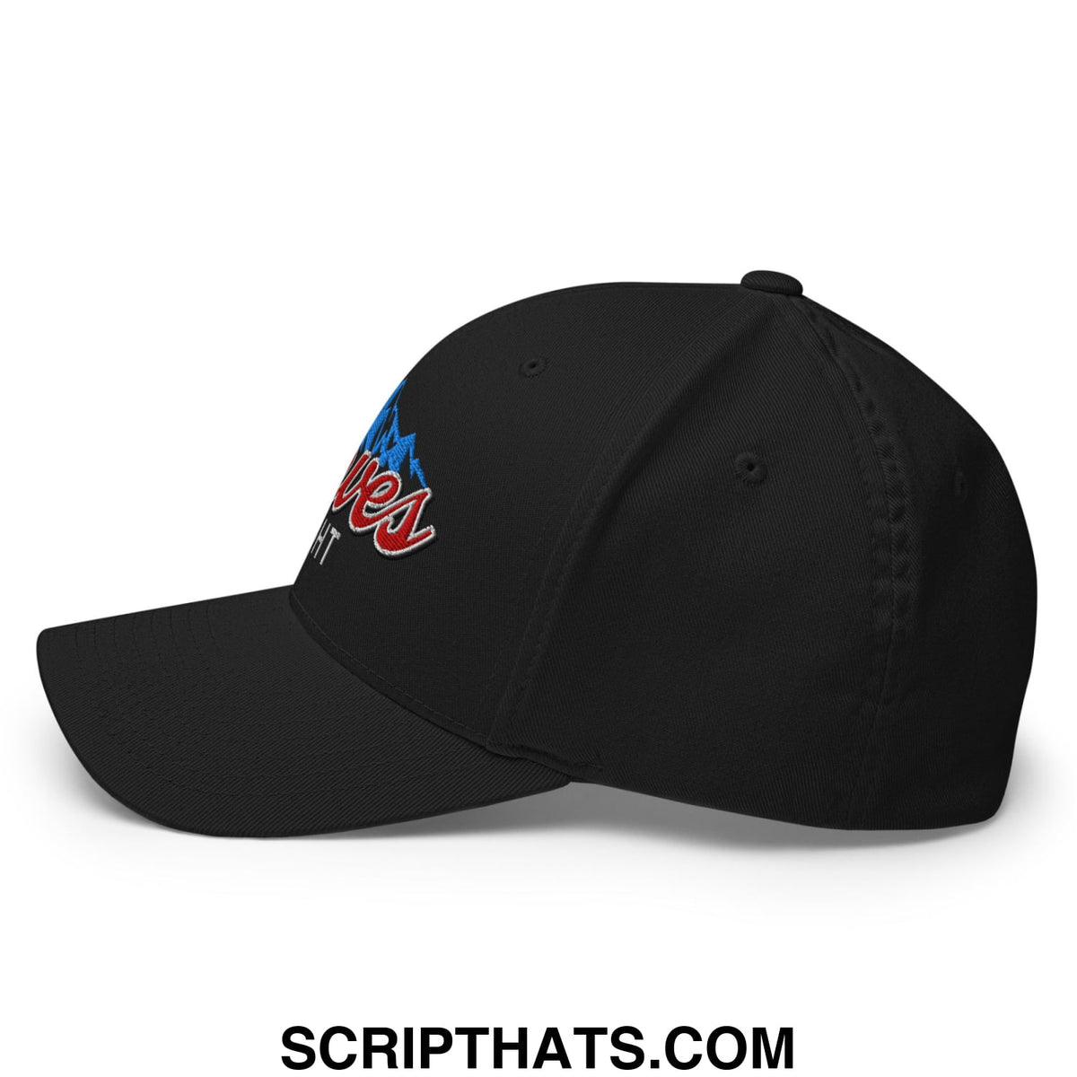 Black stretch fit golf hat with embroidered red and blue curves right logo on the side