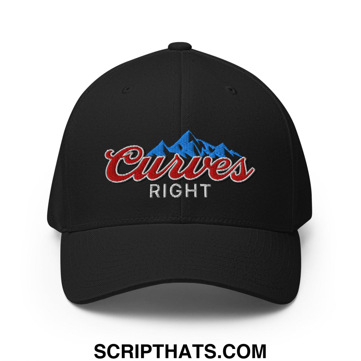 Black stretch fit golf hat featuring embroidered curves right logo with red script and blue mountain design