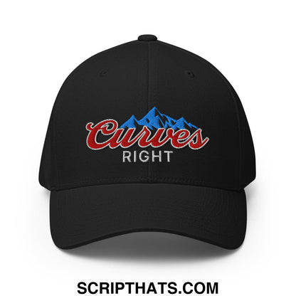 Black stretch fit golf hat featuring embroidered curves right logo with red script and blue mountain design