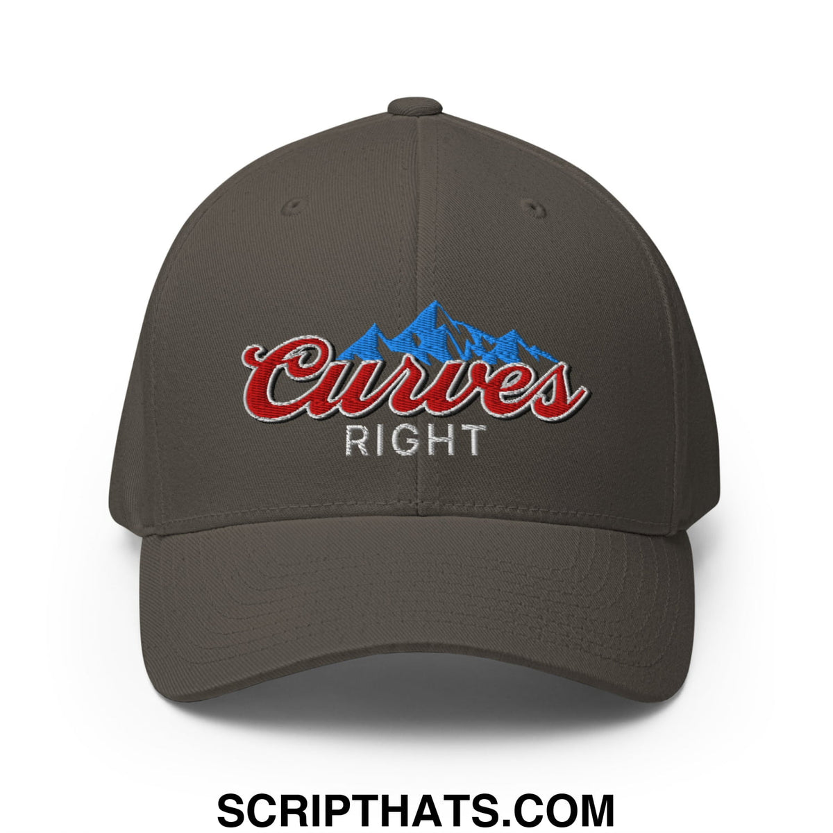 A dark gray stretch fit golf hat with an embroidered red and blue mountain logo and curves right text
