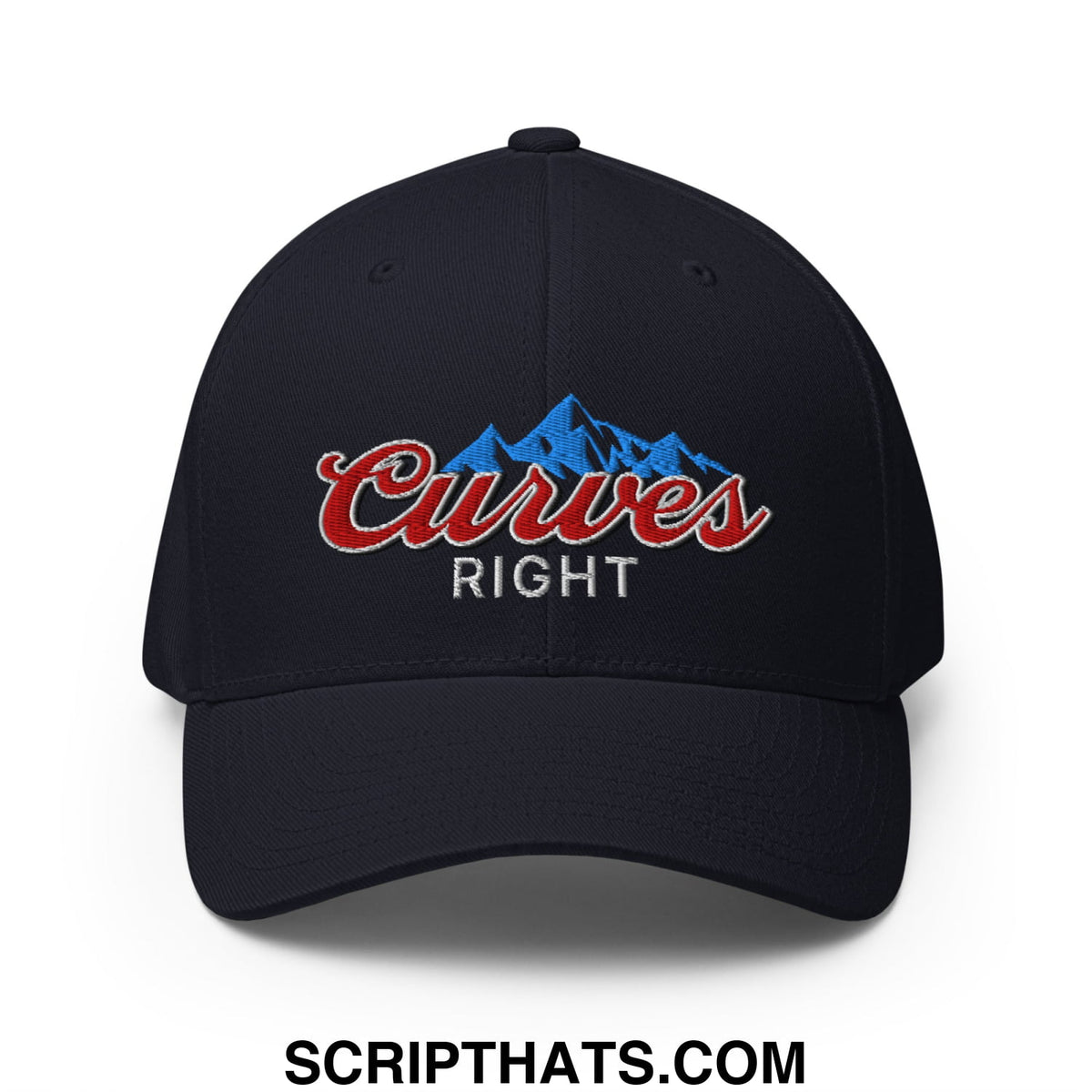 Black embroidered stretch fit golf hat with red curves script, blue mountain graphic, and white right text