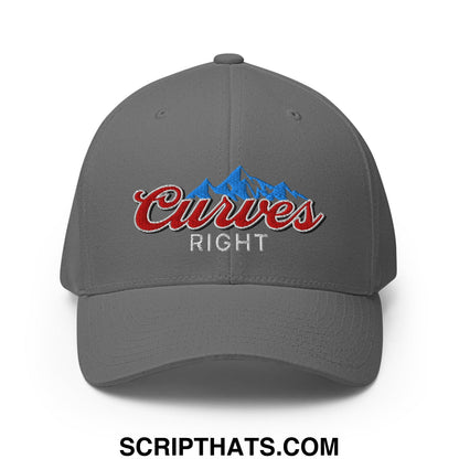 Gray stretch fit golf hat with embroidered red curves right script and blue mountain design