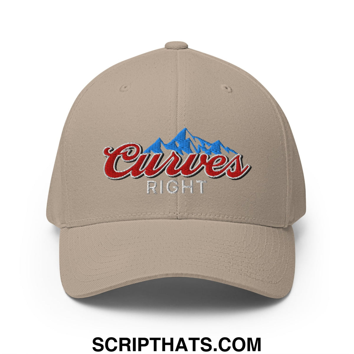 Beige stretch fit golf hat featuring embroidered curves right logo with red script and blue mountain design