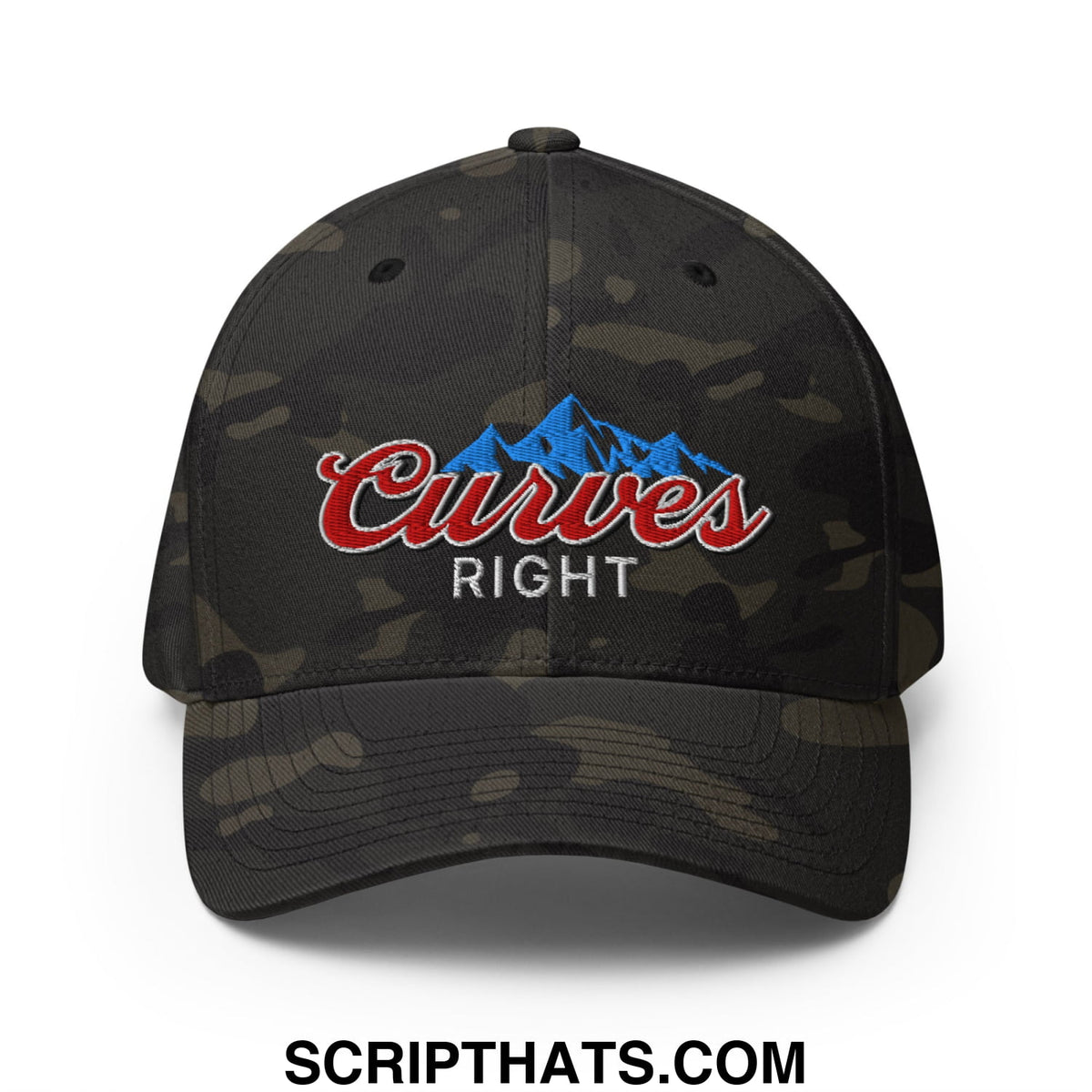 Black camouflage stretch fit golf hat with embroidered red and blue curves right logo on front