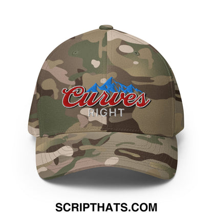 Camouflage stretch fit golf hat with embroidered curves right logo in red script and blue mountain graphic