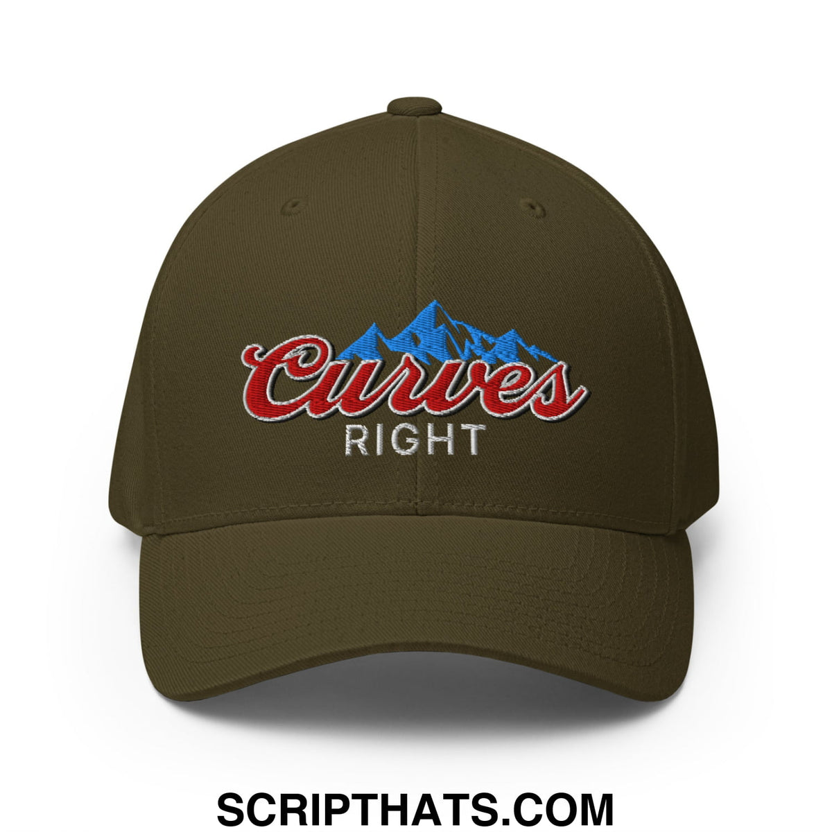 Olive green stretch fit baseball cap with embroidered red curves right logo and blue mountain design for golf