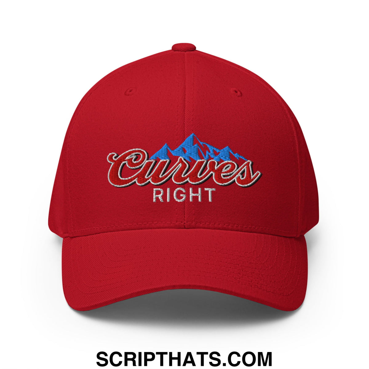 Red stretch fit baseball cap with embroidered curves right logo featuring blue mountain peaks and white lettering