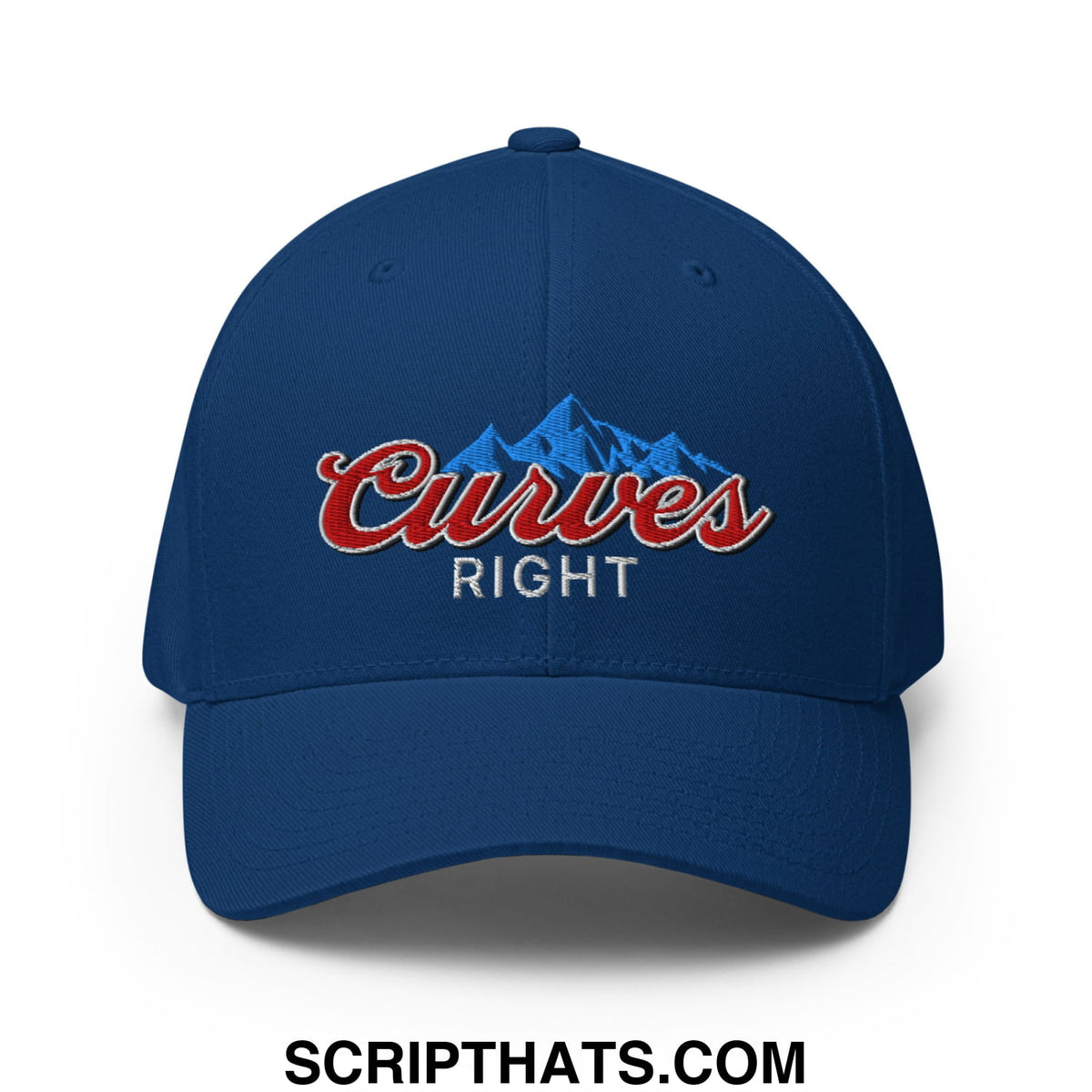 Navy blue embroidered stretch fit golf hat with red curves script and blue mountain graphic with white right text