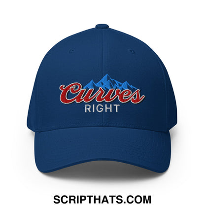 Navy blue embroidered stretch fit golf hat with red curves script and blue mountain graphic with white right text