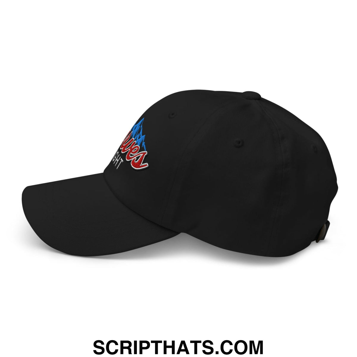 Black unstructured golf dad hat with embroidered red and blue curves right logo on the side