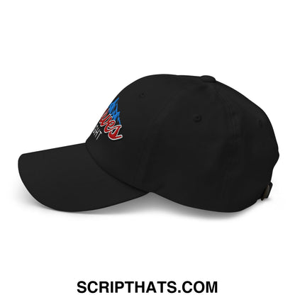 Black unstructured golf dad hat with embroidered red and blue curves right logo on the side