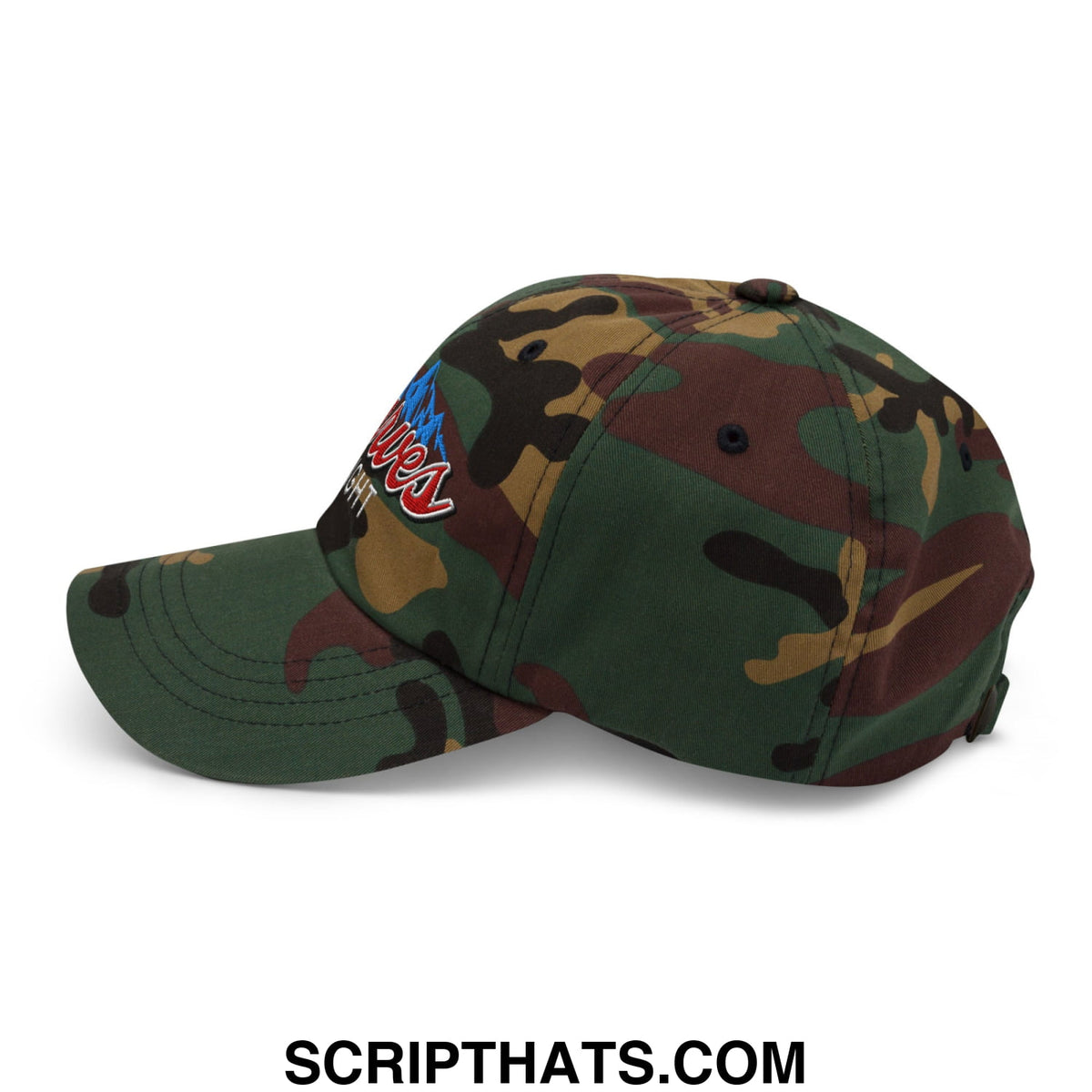 Curves right embroidered unstructured golf dad hat in faded green brown and black camouflage with front logo embroidery