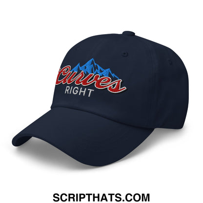 Navy blue unstructured golf dad hat embroidered with red script curves right logo and blue mountain design above right