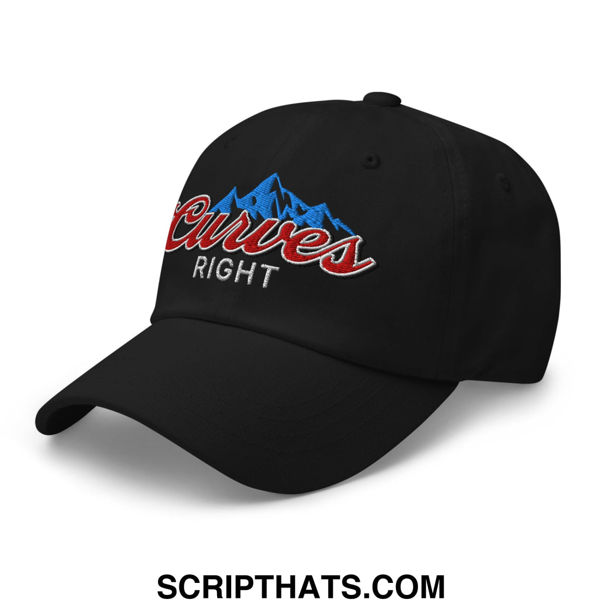 Black unstructured golf dad hat with embroidered curves right logo featuring blue mountain silhouette and red script lettering