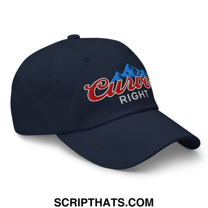 Navy blue unstructured golf dad hat featuring embroidered red curve right logo and blue mountain graphic
