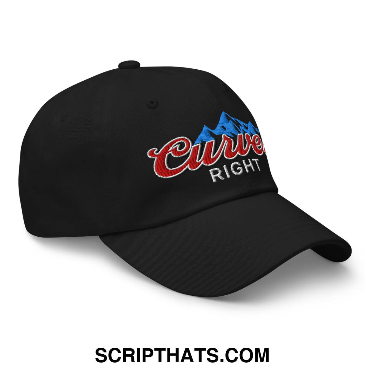 Black unstructured golf dad hat with embroidered red curve right logo and blue mountain graphic