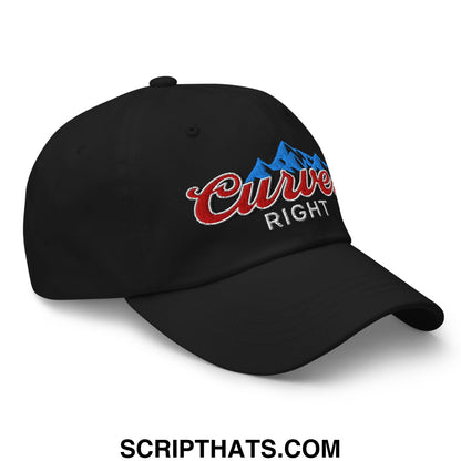 Black unstructured golf dad hat with embroidered red curve right logo and blue mountain graphic