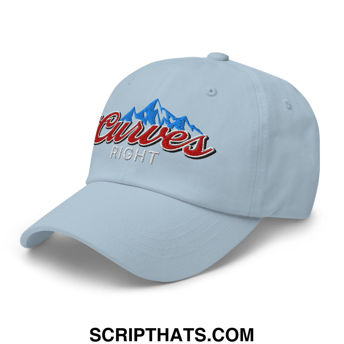 Light blue unstructured golf dad hat with embroidered curves right logo in red script and blue mountain design