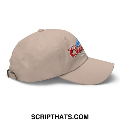 Beige unstructured golf dad hat with embroidered red and blue culver city logo in curves right design