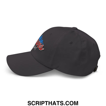 Dark gray unstructured golf dad hat with red and blue embroidered Curves Right logo on the front