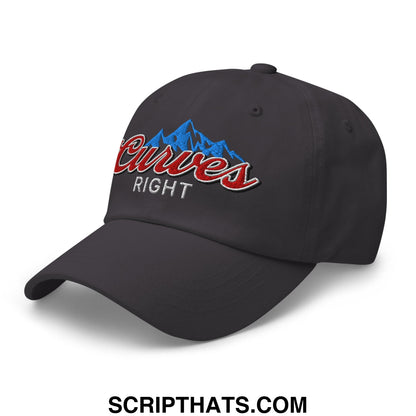 Black unstructured golf dad hat with embroidered curves right red script and blue mountain logo on front