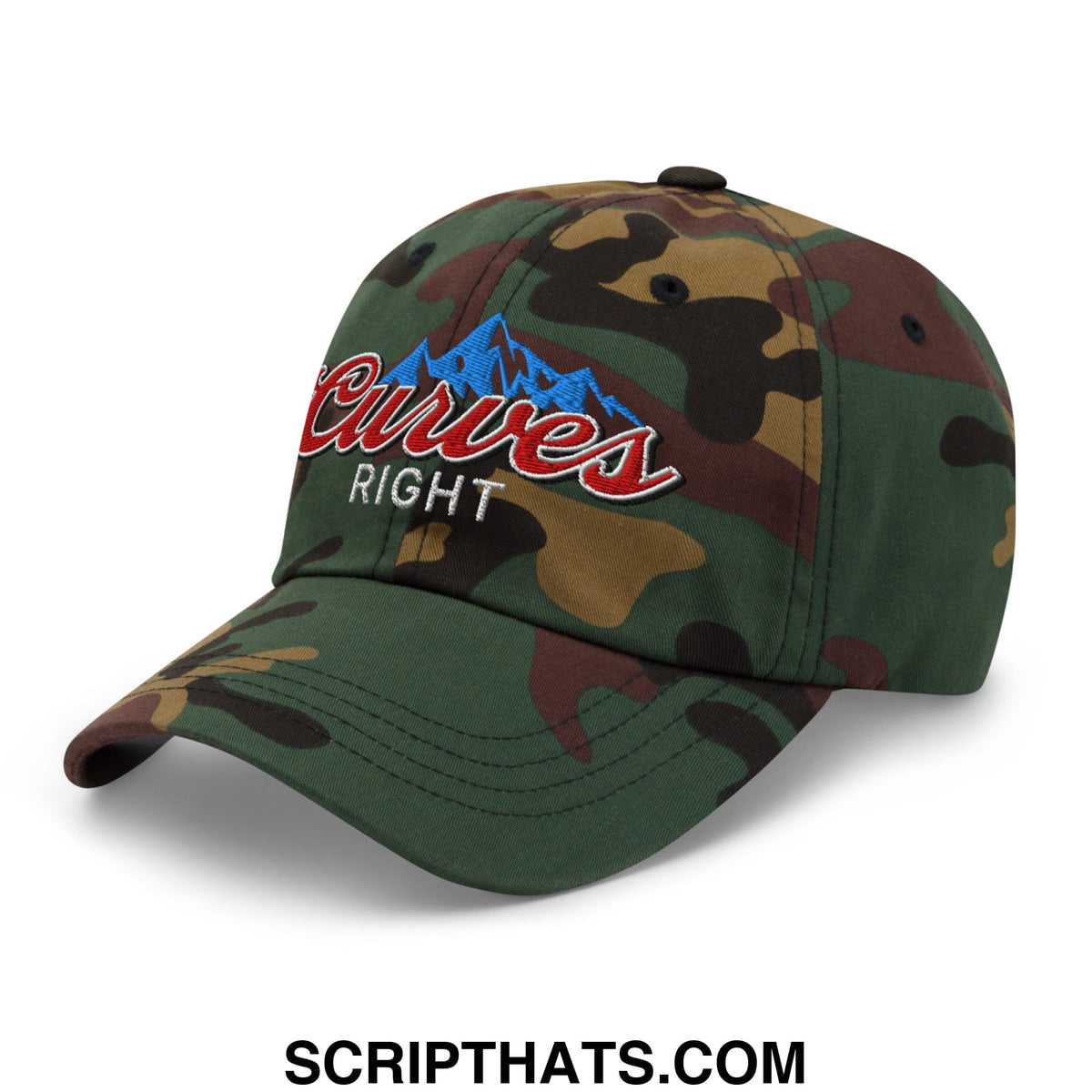 Camouflage unstructured golf dad hat with red curves and white right embroidered logo over blue mountain backdrop