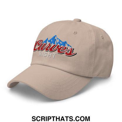 Beige unstructured golf dad hat with embroidered curves right logo featuring blue mountain peaks and red script lettering