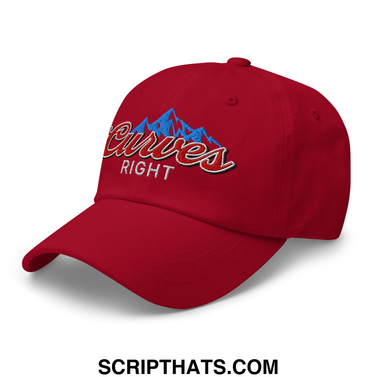 Red unstructured golf dad hat with embroidered curves right logo featuring blue mountain peaks and red script lettering