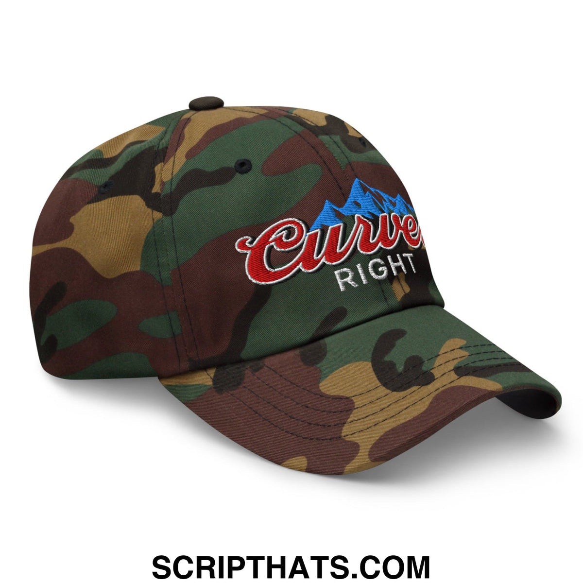A camouflage unstructured golf dad hat with an embroidered curve right logo in red script and blue mountain graphics