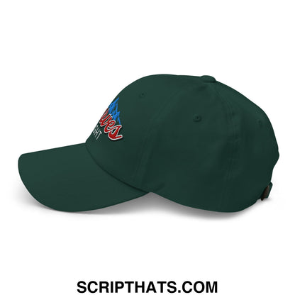 Dark green unstructured golf dad hat with embroidered red and blue mountain logo titled curves right embroidered