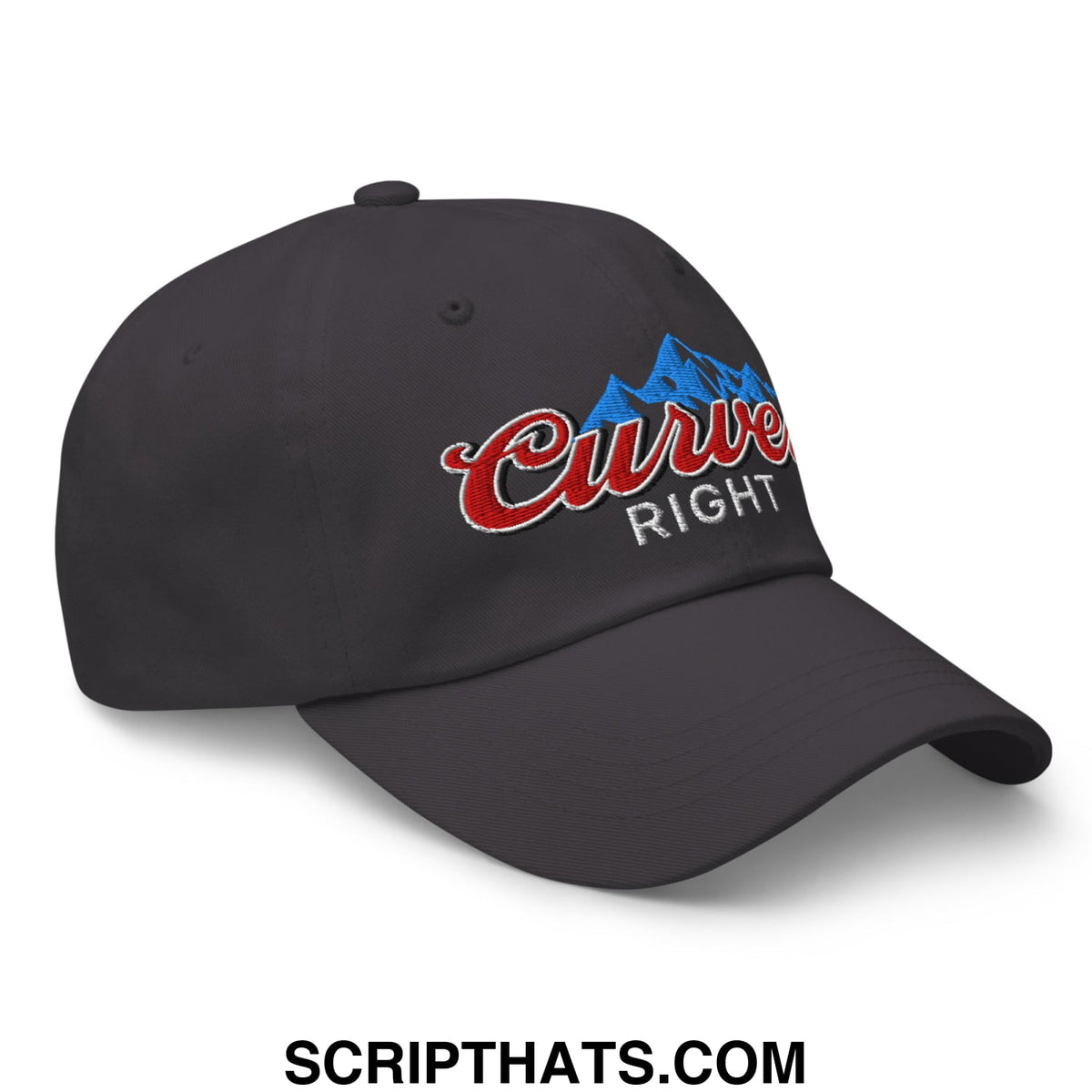 Black unstructured golf dad hat featuring embroidered curve right logo with red script and blue mountain graphic