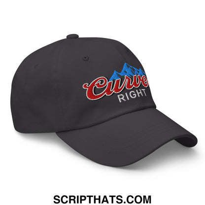 Black unstructured golf dad hat featuring embroidered curve right logo with red script and blue mountain graphic