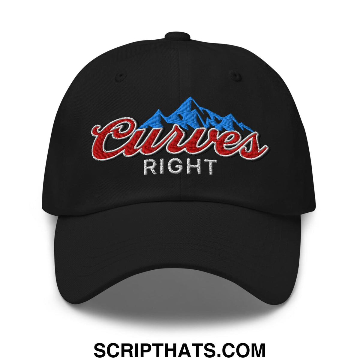 Black golf dad hat with embroidered curves right logo in red script and blue mountain silhouette