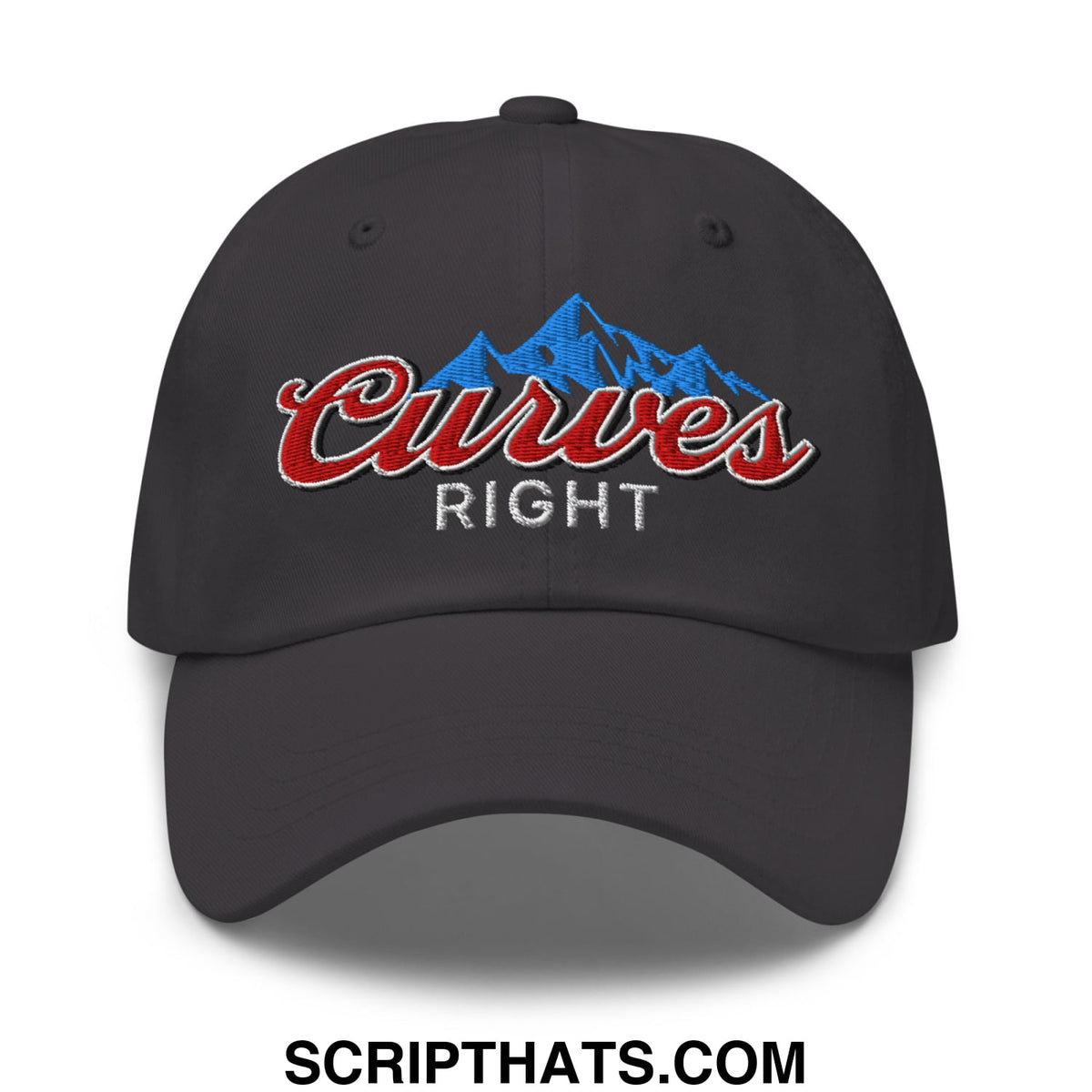 Black unstructured golf dad hat with embroidered curves right logo in red script and blue mountain silhouette