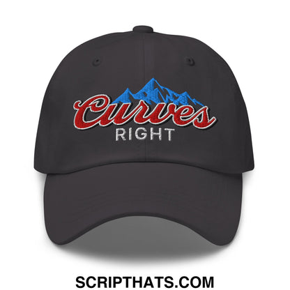 Black unstructured golf dad hat with embroidered curves right logo in red script and blue mountain silhouette