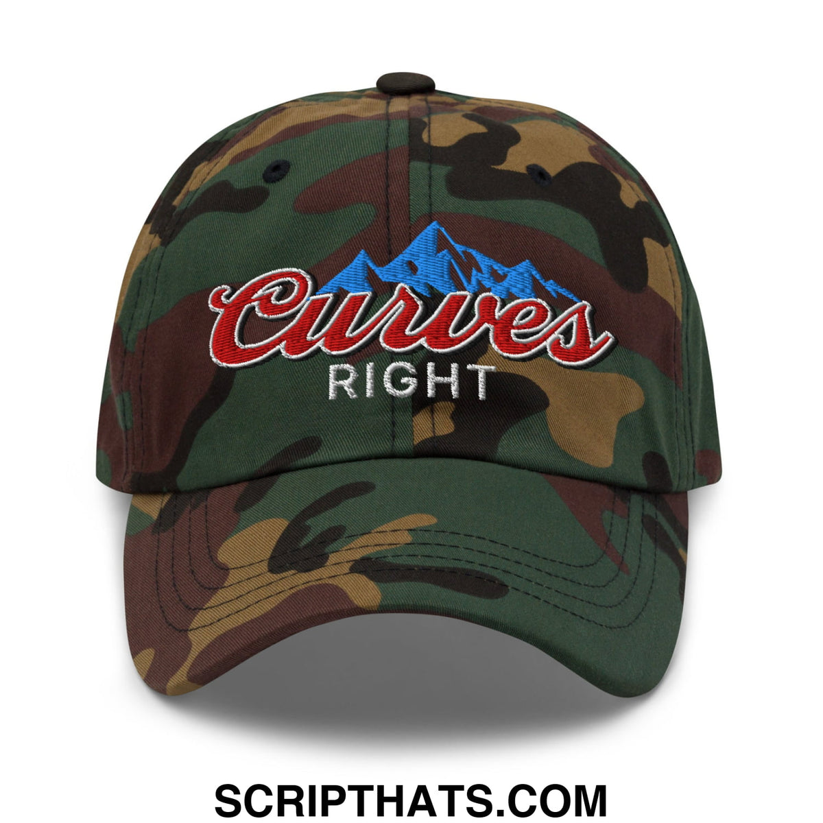 Curves right embroidered unstructured golf dad hat in camouflage with blue mountain logo and red white script embroidery