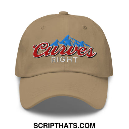 Beige unstructured golf dad hat with embroidered curves right logo in red script and blue mountain silhouette