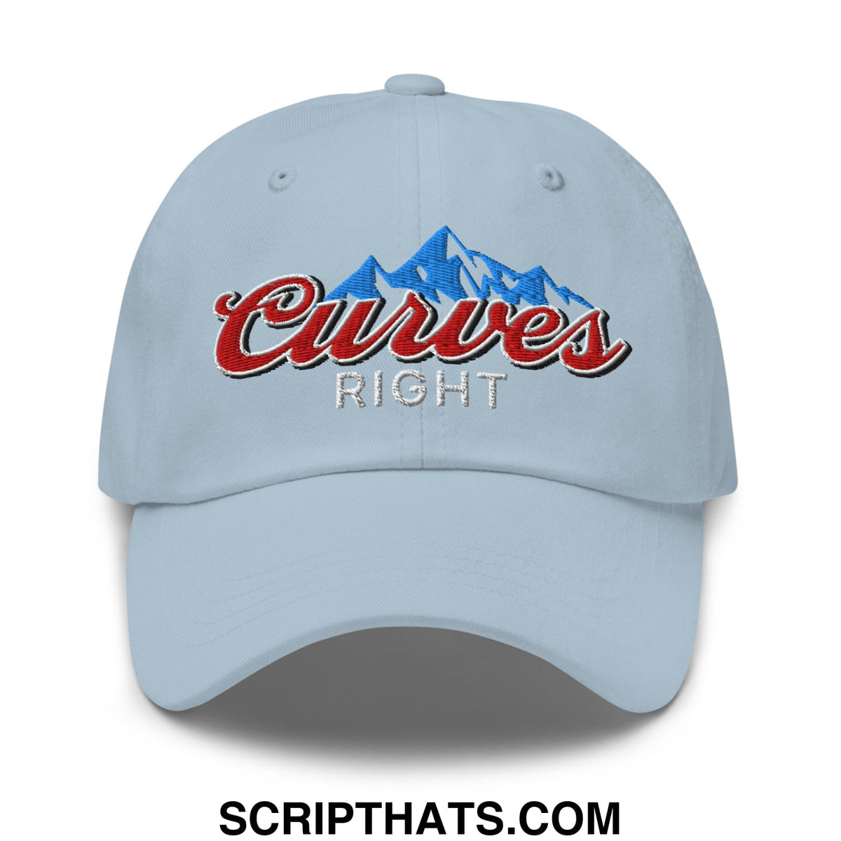 Light blue unstructured golf dad hat with embroidered curves right logo in red script and silver on mountain design