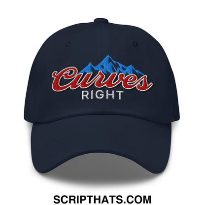 Navy blue unstructured golf dad hat with embroidered curves right logo in red script and blue mountain design above right