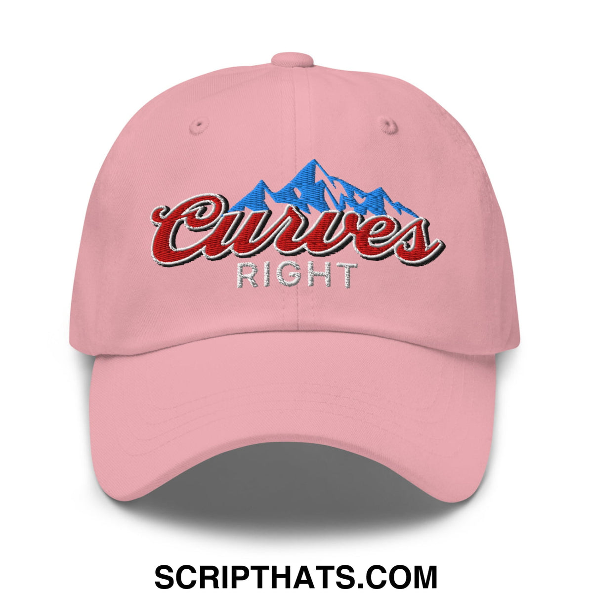 Pink curvy embroidered unstructured golf dad hat with red script and blue mountain design