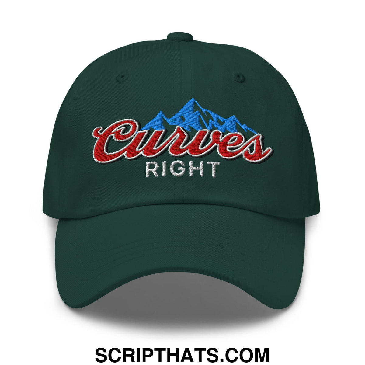 Dark green unstructured golf dad hat with embroidered curves right logo in red script and blue mountain silhouette above white text