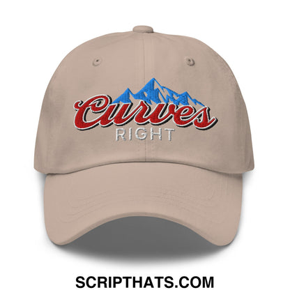 Beige unstructured golf dad hat with embroidered curves right logo in red script and blue mountain silhouette